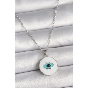 316L Çelik Gümüş Renk Zincir Beyaz Mineli Turkuaz Göz İşleme Model Kadın Kolye