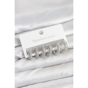 316L Çelik Gümüş Renk Zirkon Taşlı Halka Küpe Seti