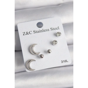 316L Çelik Gümüş Renk Zirkon Taşlı Hilal Model Kadın Küpe Seti