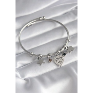 316L Çelik Gümüş Renk Zirkon Taşlı Kalp Figür Fil Detay Charm Model Kadın Bileklik