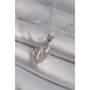 316L Çelik Gümüş Renk Zirkon Taşlı Kanat Model Kadın Kolye