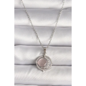 316L Çelik Gümüş Renk Zirkon Taşlı Pembe Sedefli Hilal Model Kadın Kolye