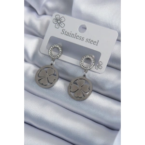 316L Çelik Gümüş Renk Zirkon Taşlı Yonca Model İşleme Detay Kadın Küpe