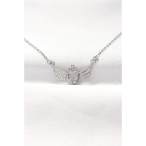 316L Çelik Silver Renk Zirkon Taşlı Kalpli Kanat Kolye