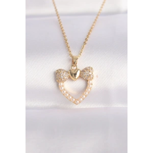 316L Çelik Zincir Altın Renk İnci Taş Detay Zirkon Taşlı Kalp Kolye
