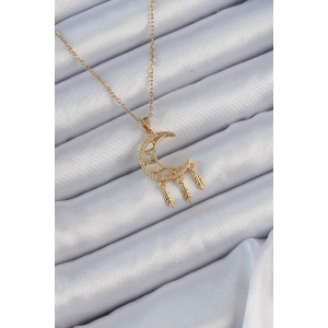 316L Çelik Zincir Altın Renk İşlemeli Zirkon Taşlı Ay Kolye