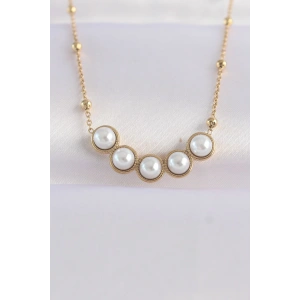 316L Çelik Zincir Altın Renk Sıralı İnci Taşlı Kolye