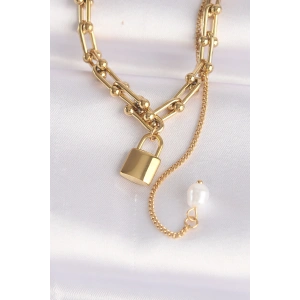 316L Çelik Zincir Altın Renk Zincirli Love Yazılı Kilit Kolye