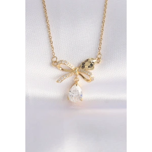 316L Çelik Zincir Altın Renk Zirkon Taşlı Damla Detay Fiyonk Kolye