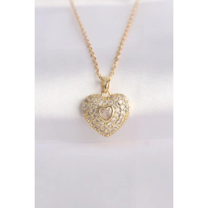 316L Çelik Zincir Altın Renk Zirkon Taşlı Kalp Kolye