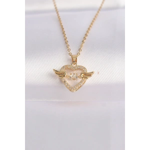 316L Çelik Zincir Altın Renk Zirkon Taşlı Kanatlı Kalp Kolye