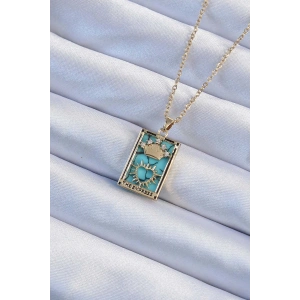 316L Çelik Zincir Altın Renk Zirkon Taşlı Mavi Mermer Desenli Taç Model Tarot Kolye