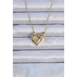 316L Çelik Zincir Altın Renk Zirkon Taşlı Mıknatıslı Kalp Kolye