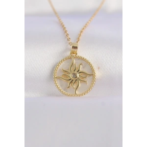 316L Çelik Zincir Altın Renk Zirkon Taşlı Oval Tasarım Güneş Kolye