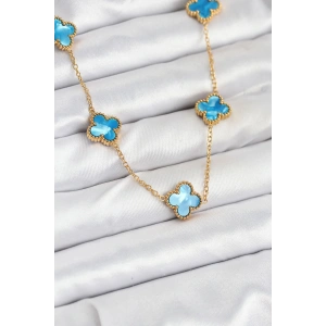 316L Çelik Zincir Gold Buz Mavisi Renk Yonca Kolye