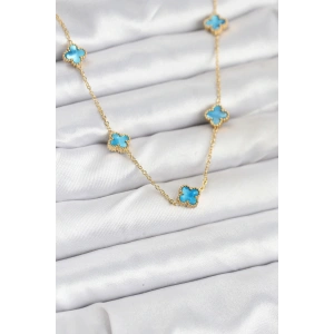 316L Çelik Zincir Gold Renk Buz Mavisi Baby Boy Yonca Kadın Kolye