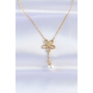 316L Çelik Zincir Gold Renk İnci Detay Çiçek Kolye