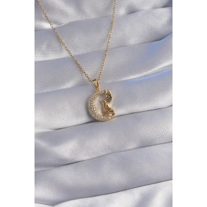 316L Çelik Zincir Gold Renk Kuş Figürlü Zirkon Taşlı Ay Tasarımlı Kolye
