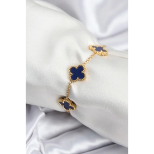 316L Çelik Zincir Gold Renk Lacivert Yonca Kadın Bileklik