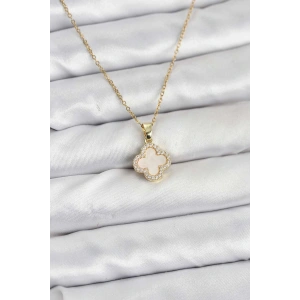 316L Çelik Zincir Gold Renk Sedefli Yonca Kadın Kolye