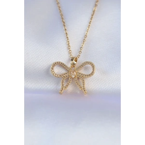 316L Çelik Zincir Gold Renk Zirkon Taşlı Fiyonk Kolye