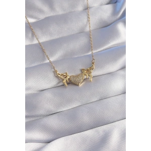 316L Çelik Zincir Gold Renk Zirkon Taşlı Kalp Model Kelebek Detay Kolye
