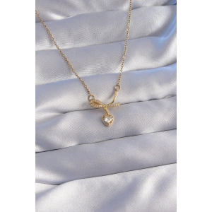 316L Çelik Zincir Gold Renk Zirkon Taşlı Yarım Fiyonk Kalp Kolye
