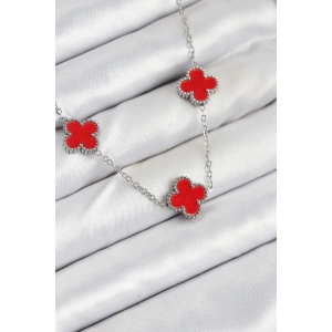 316L Çelik Zincir Gümüş Kırmızı Renk Yonca Kadın Kolye