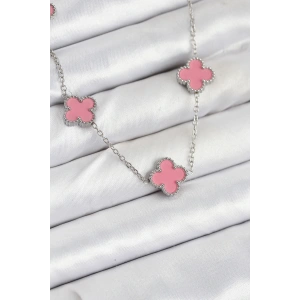 316L Çelik Zincir Gümüş Pembe Renk Yonca Kadın Kolye