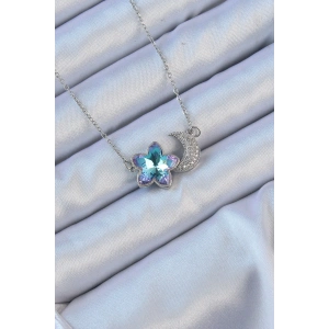 316L Çelik Zincir Gümüş Renk Ay Tasarımlı Renkli Zirkon Taşlı Çiçek Kolye