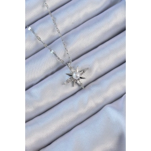 316L Çelik Zincir Gümüş Renk Baget Taşlı İnci Detay Kutup Yıldızı Kolye