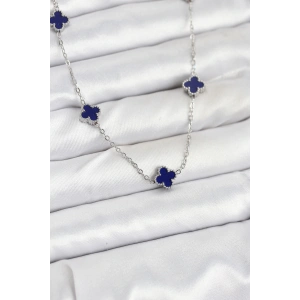 316L Çelik Zincir Gümüş Renk Lacivert Baby Boy Yonca Kadın Kolye