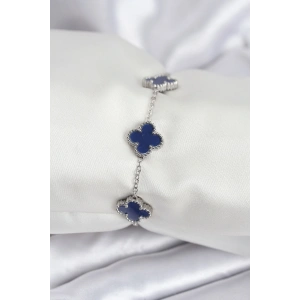 316L Çelik Zincir Gümüş Renk Lacivert Yonca Kadın Bileklik