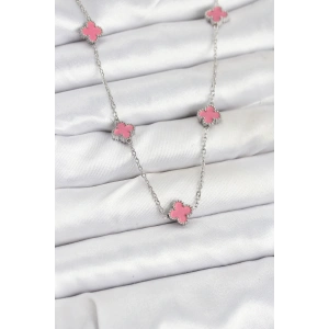 316L Çelik Zincir Gümüş Renk Pembe Baby Boy Yonca Kadın Kolye