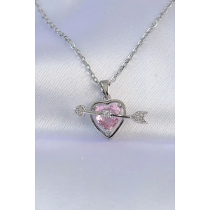 316L Çelik Zincir Gümüş Renk Pembe Zirkon Taşlı Eros Kolye