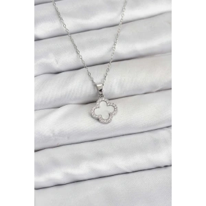 316L Çelik Zincir Gümüş Renk Sedefli Yonca Kadın Kolye