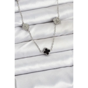 316L Çelik Zincir Gümüş Renk Siyah ve Zirkon Taşlı Baby Boy Yonca Kadın Kolye