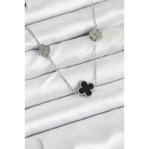 316L Çelik Zincir Gümüş Renk Siyah ve Zirkon Taşlı Yonca Kadın Kolye