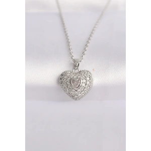 316L Çelik Zincir Gümüş Renk Zirkon Taşlı Kalp Kolye