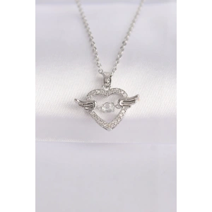 316L Çelik Zincir Gümüş Renk Zirkon Taşlı Kanatlı Kalp Kolye