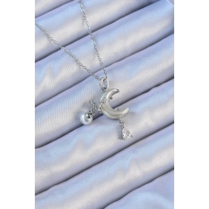 316L Çelik Zincir Gümüş Renk Zirkon Taşlı Kelebekli Mineli Ay Kolye