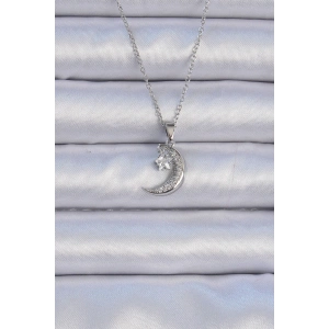 316L Çelik Zincir Gümüş Renk Zirkon Taşlı Sallantılı Ay Yıldız Kolye