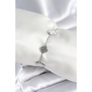 316L Çelik Zincir Gümüş Renk Zirkon Taşlı Yonca Beyaz Kadın Bileklik