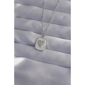 316L Çelik Zincir Mermer Desenli Gümüş Renk Zirkon Taşlı Kalp Model Kolye