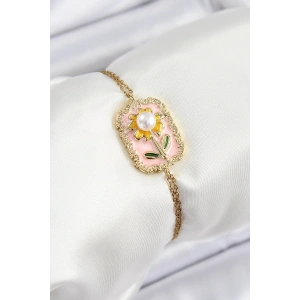 316L Çelik Zincir Pembe Mineli Sanatsal Portre İnci Detaylı Papatya Model Gold Renk Kadın Bileklik