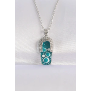 316L Çelik Zincir Zirkon Taşlı Gümüş Renk Nazarlı Terlik Tasarımlı Kolye