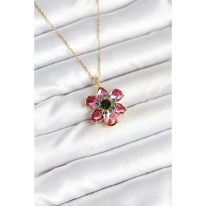 316L Çelik Zincirli Pembe Çiçek Model Kadın Kolye