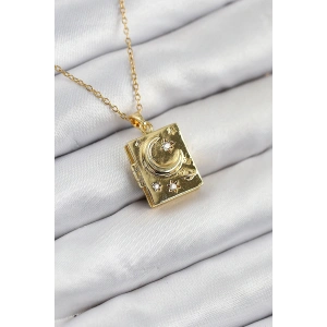 316L Çelik Zirkon Taşlı Açılabilr Kapaklı Kitap Model Gold Renk Kadın Kolye