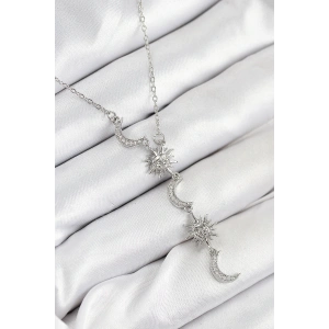 316L Çelik Zirkon Taşlı Güneş Ve Ay Model Gümüş Renk Kadın Kolye