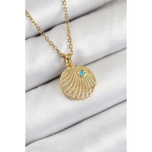 316L Çelik Zirkon Taşlı Madalyon Model Gold Renk Kadın Kolye